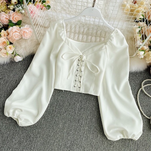 Tops - Blouse lace up tie off shoulder sexy white top puff sleeve corset look style